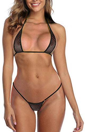 SHERRYLO Het mikrobikini, ministring, tanga, baddräkt kvinnor, badmode, Fishnet Black, En Storlek