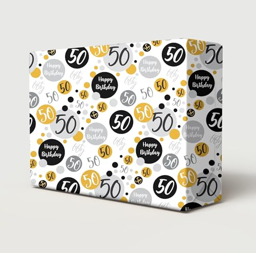 Geschenkpapier zum 50. Geburtstag, 2 Bögen + 2 passende Geschenkanhänger zum 50. Geburtstag, Schwarz, Gold, Silber, Geschenkpapier für Männer und Frauen (PA)