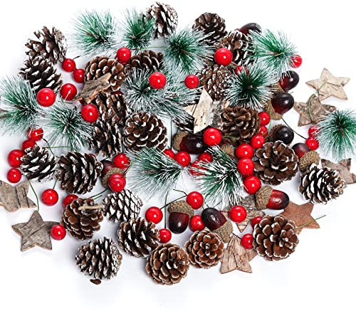 cnomg 108pcs Artificial Pine Cones Pine Branch Set, Fake Natural Pinecones Acorns Red Berries Christmas Decor Ornaments for Home Winter Decorations (108, Multicolor)