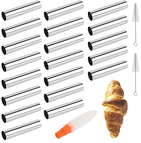 FantasyDay Cannoli Röhrchen, 20 Stück Schillerlockenform aus Edelstahl Schaumrollen Hörnchen Sahnerollen Schaumrollenformen mit Reinigungsbürst - Kuchen Spritztüllen Spirale Horn Backform Backzubehör