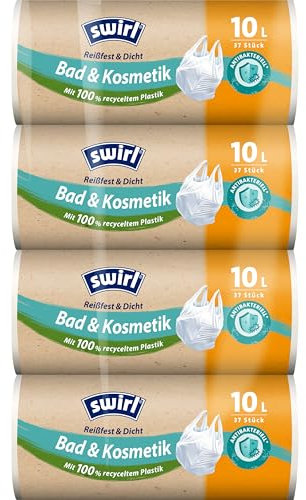 Swirl Resistente agli strappi e a tenuta stagna, per bagno e cosmetici, 10 l (4 x 37 sacchetti), sacchetti per rifiuti cosmetici antigoccia, sacchetti della spazzatura antistrappo con pratica maniglia