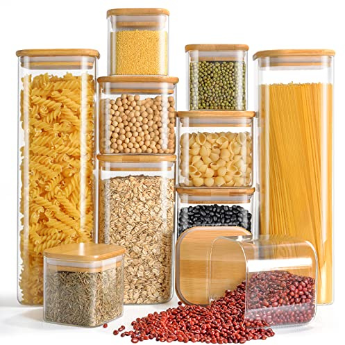 FINEW Vorratsdosen Glas mit Deckel 10er Set, Eckig Vorratsgläser 2500ml/1500ml/750ml/350ml, Grosse Vorratsbehälter Luftdicht Glasbehälter, Küche Gewürzgläser für Spaghetti, Müsli, Mehl, Gewürze