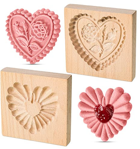 Meanplan Carved Wooden Cookie Mold, Baking Embossing Cookies Stamp Mold Cutter Funny 3D Heart Wood Rose Dessert Tools for Christmas Kitchen DIY Baking Tools(Heart Rose)