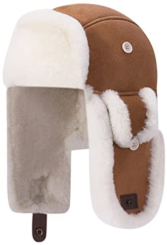 Harssidanzar Lammfell Shearling Wintermütze für Herren und Damen Echtes Leder Trappermütze Fliegermütze Aviatormütze Hut mit Ohrenklappen CU603EU, Kamel, Größe L