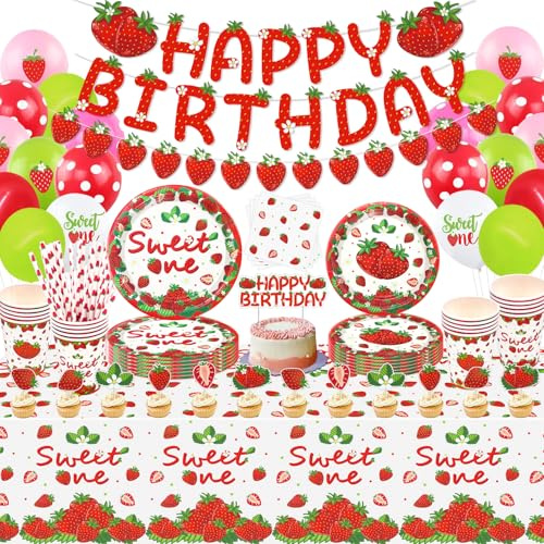 185 Pack Fresa Decoraciones Primer Cumpleaños Productos Para Fiestas Dulce Un Fruta de Verano Vajilla Set Platos, Vasos, Manteles, Globos, Servilletas 20 Porciones