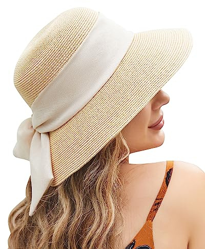 UWILL Cute Sun Hat Womens Wide Brim Foldable Straw Hats Beach Sun Hats for Women Floppy Summer Hats UPF 50+ (as1, Alpha, m, l, Beige) 1, Beige, M/L