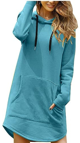 Onsoyours Vestito Felpe con Cappuccio da Donna Hoodie Abito Casual Sportivo Lungo Pullover Maniche Lunghe Sweatshirt Vestiti Autunno Inverno Tinta Unita Maglione con Tasche A Blu XXL