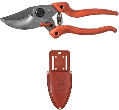 Original LÖWE Set bestehend aus Bypass Gartenschere 9.104 zum Schneiden von Pflanzen, Rosen oder Schnittblumen & Leder Premium Holster 9809 mit Gürtel-Clip zur Aufbewahrung am Gürtel oder Hosentasche