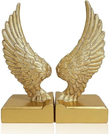 Desklens Vintage Gold Bookends with Angel Wings Decor, Home Decor for Book Shelf Table & Desks,1 Pair/2 Piece for Men Women