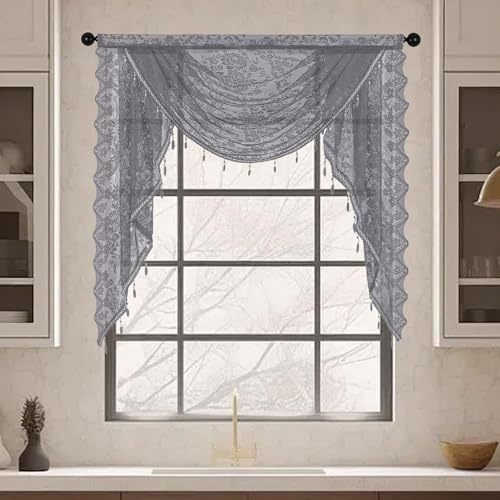 vctops Wasserfall-Volants mit Spitze für Fenster, Blumenmuster, Vintage, Girlande, durchsichtig, Küchenfenster, Vorhänge, Volant für Wohnzimmer, Schlafzimmer, Badezimmer, Café (Grau, 99 x 104 cm)
