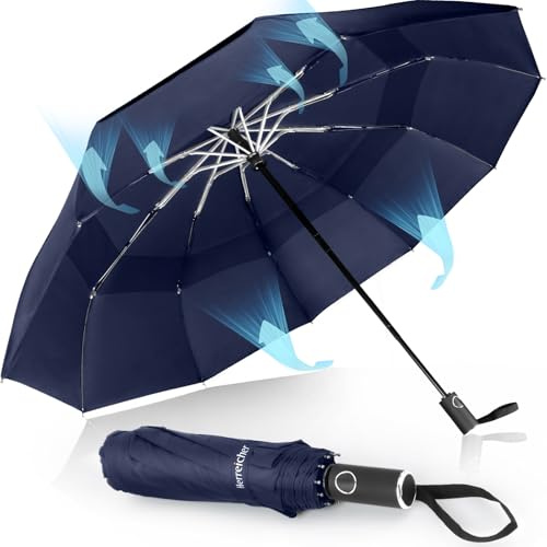 Herreicher Parapluie Pliant Résistant au Vent - Nouveau Automatique Parapluie Solide aux Tempêtes Portable Compact Double Toit Coupe-vent Ventilé De Voyage Grand Pour Homme et Femme ((Bleu))