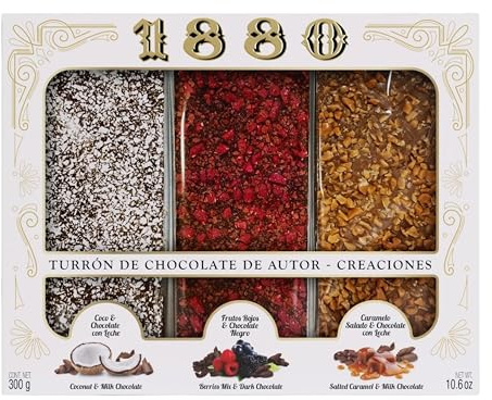 1880 Degustación de Turrón de Chocolate 3 Sabores, 3 x 100 g, 300 g | Coco, frutos rojos y caramelo a la sal, surtido variado, hecho en España, ideal para regalar y compartir, dulce navideño