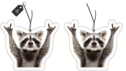 EleganceFresh 2 × Lufterfrischer mit Pedro Waschbär Motiv, Witziger Auto Duftbaum, Süß-fruchtiger Duft, Braun, Hängendes Papier, Auto Zubehör, Car Air Freshener