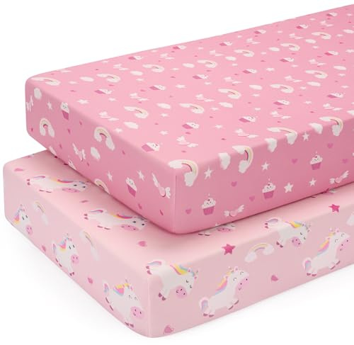 Yukkidds Spannbettlaken 60x120 cm Baby Bettlaken Kinderbett Babybett | Weich & Atmungsaktiv Mikrofaser, 2er Pack Bettlaken Spannbetttuch Kinderbettlaken 120x60, Maschinenwaschbar, Pinkes Einhorn