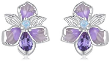 Qings Boucle d'Oreille Fleur Femme Iris Clou d Oreille Argent 925 Violette Hypoallergénique Zirconium Bijoux Femme Fleurs Boucles d'Oreilles Pour Petite Fille Soeur