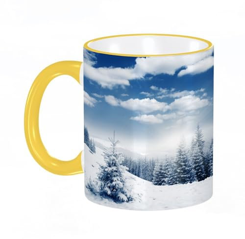 YOIUE Tasse aus Keramik - Große 11oz Tassen 330ml Kaffeetassen mit Henkel, 100% Handbemalt - Trinkgläser mit Griff - Weiß,Schönes Winterpanorama mit schneebedeckten Bäumen