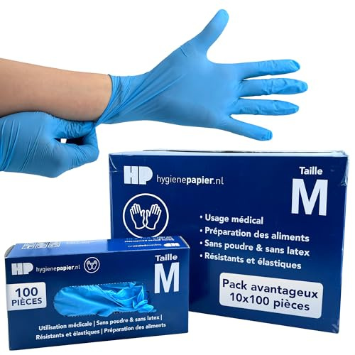 Bové - Lot de 1000 gants jetables en nitrile - Bleu - Taille M - Sans latex et sans poudre - Pour la médecine et les aliments - Indéchirables et élastiques