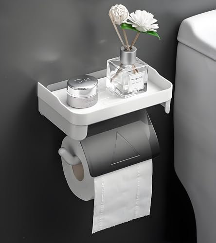 Toilettenpapierhalter Weiß mit Ablage und Grau Deckel, Toilettenpapierhalter ohne Bohren, Klopapierhalter Selbstklebend, Klorollenhalter Wandmontage, Toilettenpapier Halterung Großer Platz für Papierr
