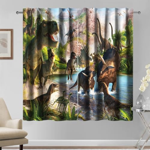 Kzzfqxb Cortinas de Dibujos Animados de 117x138cm 2 Paneles, diseño de Dinosaurios de la era jurásica Bosque río, decoración de fantasía para Dormitorio Infantil guardería y Sala de Estar