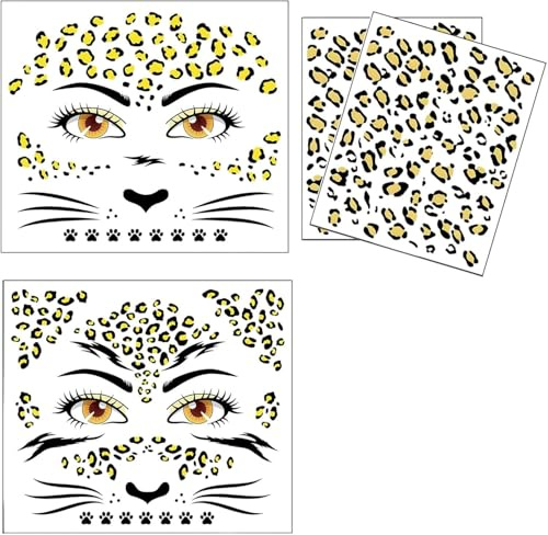 Leopard Face Art & Tattoo Sticker,Leopard Gesichtstattoo, 2 verschiedene Designs, selbstklebend, glänzend, wiederverwendbar, für Karneval und Partys