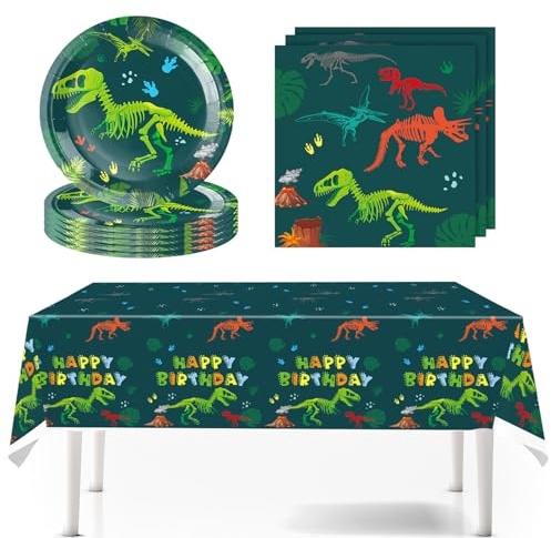 Vaisselle de fête au motif de dinosaures, assiettes en carton pour anniversaire d'enfant, assiettes en carton au motif de dinosaures, animaux de la jungle pour garçon, fête à thème (vert)