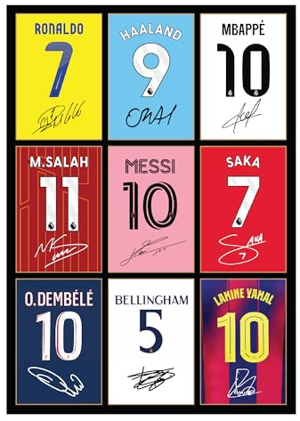 Icons Wall Art Signiertes Foto von Bellingham Messi Ronaldo Mbappe Lamine Yamal Salah Dembele Saka Haaland, A4, gedrucktes Foto, Geschenk für Fußballfans, digital reproduzierte Unterschriften