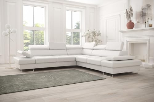 Friderik Ecksofa Galaxy MAX mit Schlaffunktion & Bettkasten – Kunstleder MADRIT, verstellbare Kopfstützen & Armlehne (Weiß, Rechts)