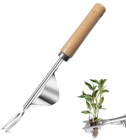 Weed Puller, Hand Weeder Remover Mower Tool, Stainless Steel Y Shape Weeding Tools with Long Wooden Handle, Manual Weed Root Remover Tool for Garden Yard Patio Lawn Grass