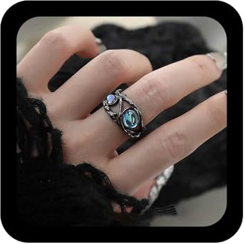 Cybche Anello vintage con pietra di luna pietra natale, nero, regolabile, aperto, ovale, anello con gemma gotico per Halloween, con opale cavo, anelli per nocche e dita, gioielli statement per donne