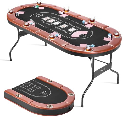 VEVOR klappbarer Pokertisch für 8 Spieler (183 cm) Kasino-Freizeittisch mit gepolsterten Schienen & Getränkehaltern, ovale tragbare Spieltische mit Filz- und Metallbeinen, Texas Hold’em Poker