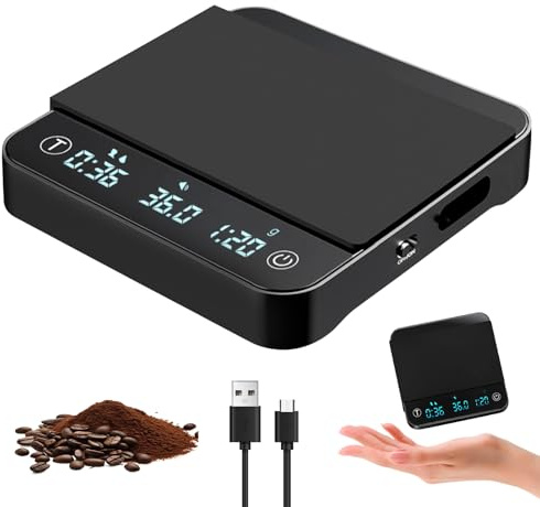 Kaffeewaage mit Timer, Digitale Espresso Waage 2000g/0,1g mit Auto-Timer & Wasser-Pulver-Verhältnis, Espressowaage mit 4 Modi & Touchscreen