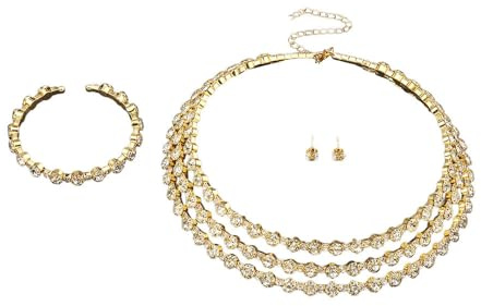 XFSRG 3 Stück Brautschmuck Set Strass Halskette Ohrstecker und Armreif aus Kupferkette Verstellbar Funkelnd für Hochzeit Abschlussball Abendkleid (Gold)