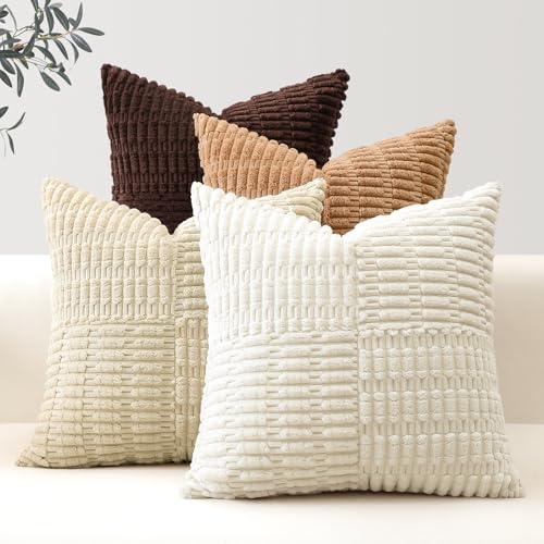 Sungeek 4er Set Cord Kissenbezüge, Kreuz Streifen Muster Kordsamt Kissenbezug Sofakissen Dekokissen Patchwork Design Boho Zierkissenbezüge Deko Kissenhülle für Wohnzimmer (40x40cm, Braun Creme-Weiß)