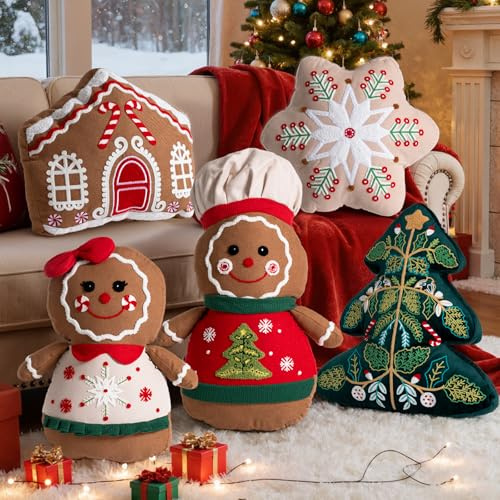 Lanpn 5 Stück Lebkuchen Weihnachtskissen, Weihnacht skissen Dekokissen Flauschiges Zierkissen Lebkuchenmann Lebkuchenhaus Weihnachtsbaum Schneeflocke für Geschenk Party Sofa Bett Weihnachten Deko