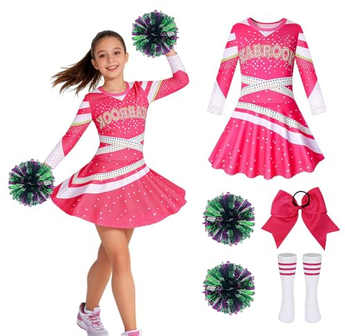 WVWMYM Cheerleader Kostüm Kinder, Faschingskostüme Kinder Mädchen Pink Cheerleader Kostüm Langarm mit Pompoms Cheerleading Schleifen-Haargummi Strümpfe für Karneval Fasching Mottoparty (Rot, S)