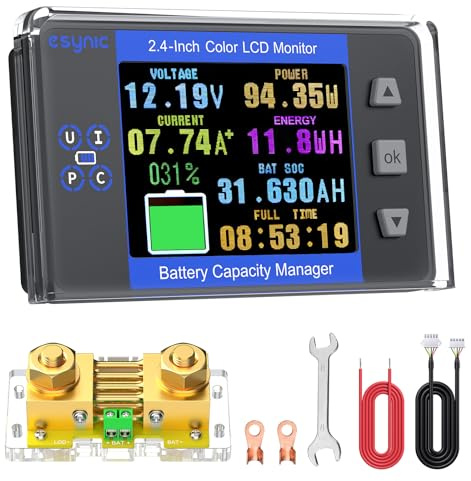 eSynic 500A Battery Monitor with Shunt 8-120V Car Battery Capacity Tester With Voltage,Current Indicator and Capacity Alarm Function Coulomb Meter Leisure Battery Monitor for RV Solar System