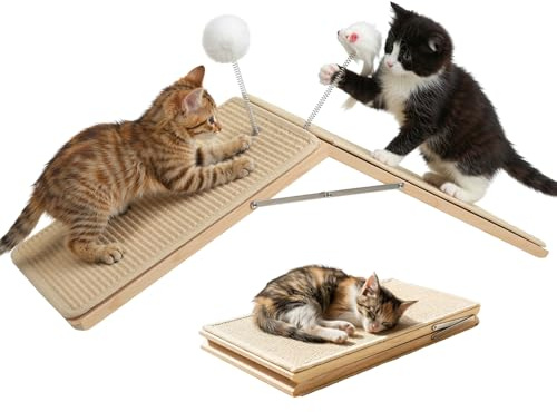 Tivray Kratzrampe für Katzen, Sisal Kratzbrett Holzrampe, Faltbares Dreieck Katzenkratzbrett mit 2 Federplüschspielzeugen, Möbel Schutz Kratzmatte für Mehrere Haustiere Innenraum Non-Slip