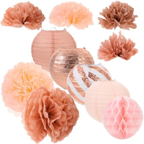 HEALSOPTHY Set Decorazioni Festa Compleanno 11 Pezzi in Carta Rosa Oro, Lanterne a Nido d'Ape e Palle di Fiori Sospese, Addobbi Sospesi per Casa, Matrimonio e Celebrazioni