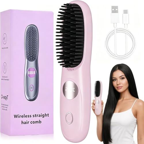STRUKTURPASTE Stylingbürste für Kurze Haare,Glättbürste Kabellos mit LED Anzeige,Glättungskamm verhindert Haarziehen,25s Schneller Keramikerwärmung,3 Wärmestufen für Reisen,Haarfreundliches (Lila)