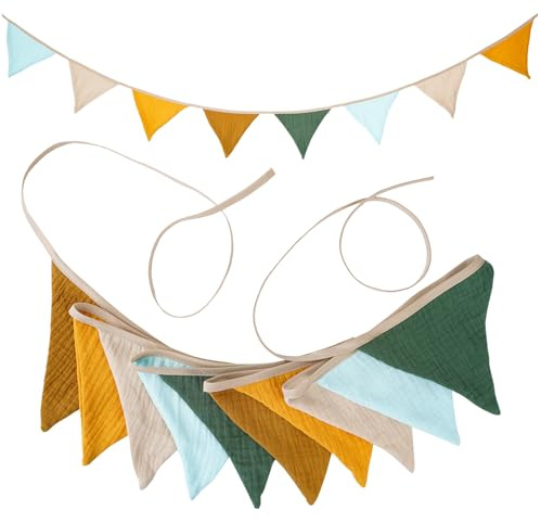 HIVTE Guirnalda de Banderines para Bebé - Banderas de Algodón de Doble Cara, Decoración para Dormitorio Infantil, Cumpleaños, Bodas y Fiestas en el Jardín (Amarillo Marrón)