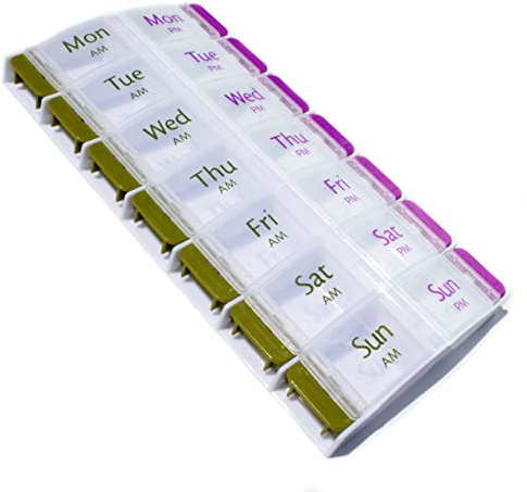Pill Box ~ Easy Open Buttons ~ AM & PM 7 Day Medication Storage Case (14 Slot Pill Case)