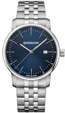 WENGER Herren Armbanduhr Urban Classic Ø 42mm, Swiss Made, Analog Quarz, Wasserdicht bis 100m, Edelstahl-Armband, Blau/Silber, 01.1741.123