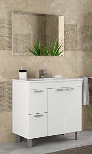 Abitti Mueble de Baño Sabela Estilo Contemporáneo en Color Blanco Brillo con 2 Cajones y 2 Puertas 80x80x45 cm (Lavabo Cerámico)