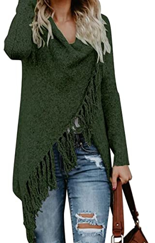 CEASIKERY Women's Tassel Hem Sweater Long Cardigan Knitwer Pullover Poncho Coat, Green, Small