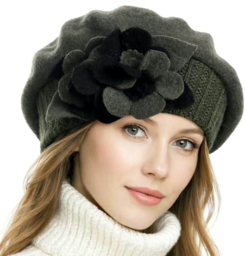 VECRY Damen 100% Wolle Französische Baskenmütze Blumen Strickmütze Schädelkappe Kleid Wintermütze