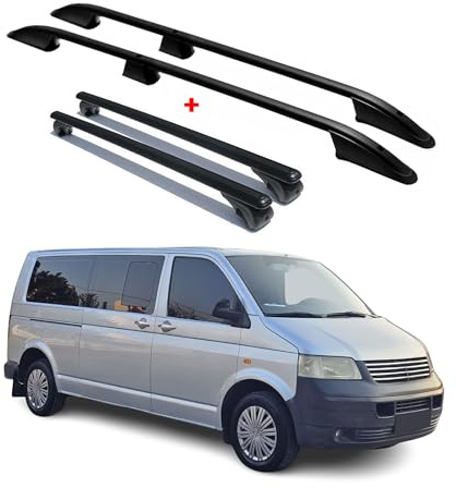 OMAC Dachreling + Dachträger kompatibel mit VW T5 T6 Transporter L2 Langer Alu Schwarz 4X