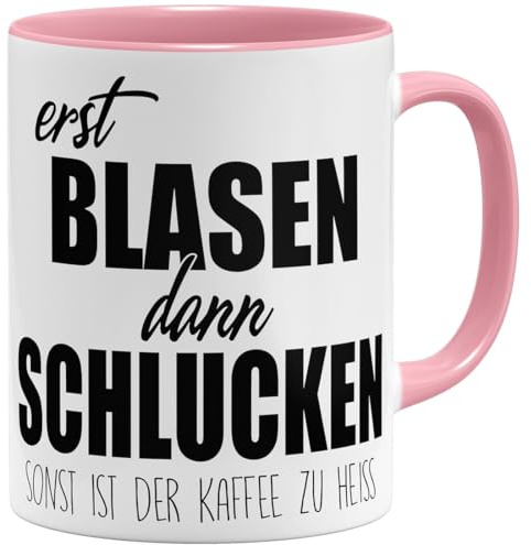 OM3® witzige Kaffee-Tasse mit Spruch - Erst Blasen dann Schlucken - zweideutig - Statement - Spruchtasse - Keramik Becher - 325ml - Beidseitig Bedruckt - Rosa