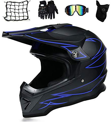 MRDEAR Casque Enduro Moto avec Goggle/ Gants Moto/ Masque/ Filet à Elastique, Casque Motocross Homme Casque VTT Integral Casques Cross Velo Quad ATV Scooter, Noir Bleu,L
