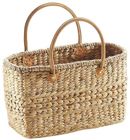Kobolo Tasche Korbtasche geflochten aus Wasserhyazinthe - Lederhenkel - 43x18x26 cm Natur