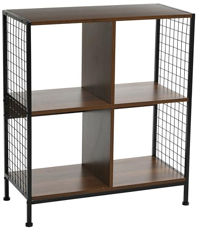 Household Essentials Trellis Open Storage Bookshelf with 4 Cube Compartments Mid Century Walnut Wood Grain and Black Metal